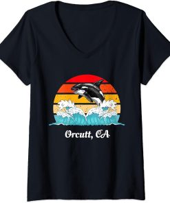 Womens Vintage Orcutt CA Distressed Orca Killer Whale Art V-Neck T-Shirt