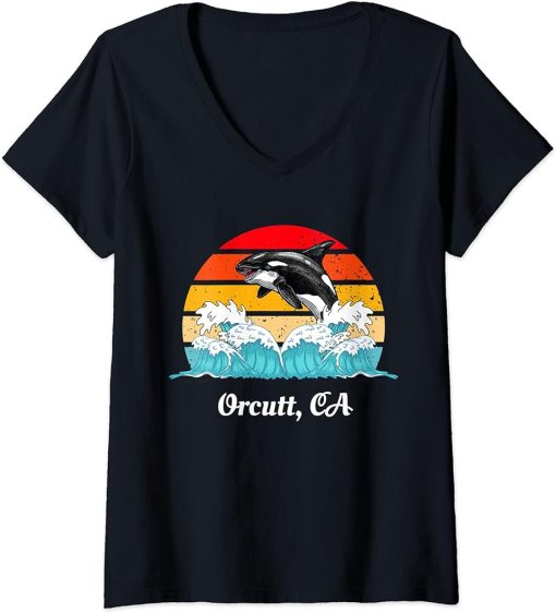 Womens Vintage Orcutt CA Distressed Orca Killer Whale Art V-Neck T-Shirt