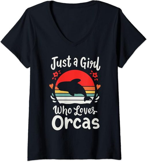 Womens Orca Whales Just a Girl Who Loves Orcas V-Neck T-Shirt