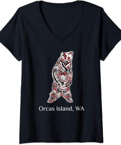 Womens Orcas Island WA Native American Indian Brown Grizzly Bear V-Neck T-Shirt