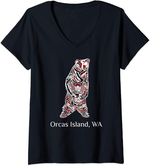 Womens Orcas Island WA Native American Indian Brown Grizzly Bear V-Neck T-Shirt